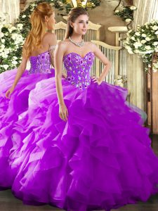 Sleeveless Organza Floor Length Lace Up 15th Birthday Dress in Purple with Embroidery and Ruffles