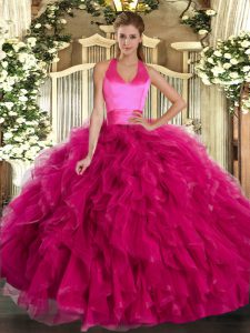 Sumptuous Organza Halter Top Sleeveless Lace Up Ruffles Ball Gown Prom Dress in Fuchsia