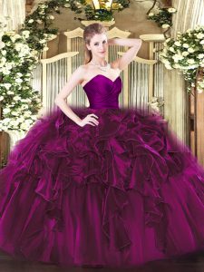 Sweetheart Sleeveless 15th Birthday Dress Floor Length Ruffles Fuchsia Organza