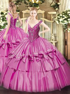 Shining Lilac Lace Up V-neck Beading and Ruffled Layers 15th Birthday Dress Organza and Taffeta Sleeveless