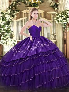 High Class Purple Organza and Taffeta Zipper Sweetheart Sleeveless Floor Length Quinceanera Gowns Embroidery and Ruffled Layers