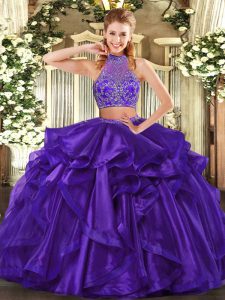 Chic Purple Quinceanera Gowns Military Ball and Sweet 16 and Quinceanera with Beading and Ruffled Layers Halter Top Sleeveless Criss Cross