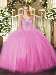 Edgy Ball Gowns Quince Ball Gowns Rose Pink V-neck Tulle Sleeveless Floor Length Lace Up