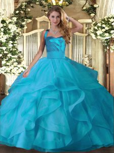 Dazzling Floor Length Lace Up Quinceanera Dresses Baby Blue for Military Ball and Sweet 16 and Quinceanera with Ruffles