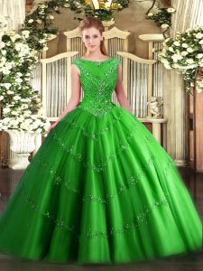 Green 15 Quinceanera Dress Military Ball and Sweet 16 and Quinceanera with Beading and Appliques Scoop Sleeveless Zipper