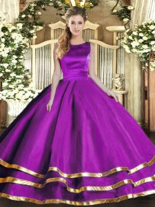 Customized Eggplant Purple Sweet 16 Dress Military Ball and Sweet 16 and Quinceanera with Ruffled Layers Scoop Sleeveless Lace Up