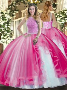 Modest Ball Gowns 15 Quinceanera Dress Hot Pink High-neck Tulle Sleeveless Floor Length Lace Up