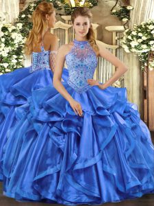 Blue Ball Gowns Organza Halter Top Sleeveless Beading and Embroidery and Ruffles Lace Up Quinceanera Dresses