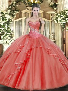Fantastic Sweetheart Sleeveless Lace Up Quinceanera Dresses Coral Red Tulle