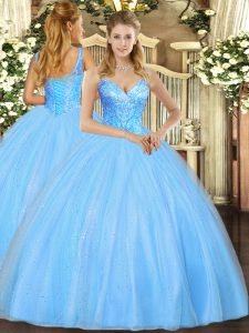 High Class Aqua Blue Lace Up Ball Gown Prom Dress Beading Sleeveless Floor Length