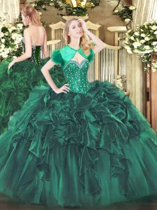Fitting Organza Sweetheart Sleeveless Lace Up Beading and Ruffles Quince Ball Gowns in Dark Green