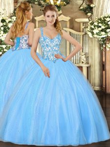 Baby Blue Straps Neckline Beading and Appliques Quinceanera Dress Sleeveless Lace Up