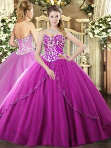 Fuchsia Sweetheart Neckline Beading Quinceanera Gown Sleeveless Lace Up