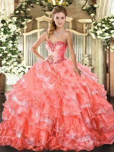 Floor Length Watermelon Red Quinceanera Gowns Sweetheart Sleeveless Lace Up