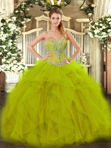 New Arrival Floor Length Ball Gowns Sleeveless Olive Green Quince Ball Gowns Lace Up