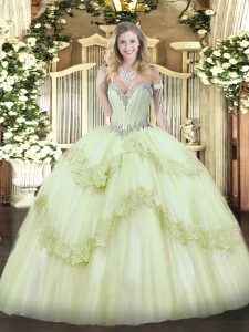 Sweetheart Sleeveless Lace Up Quinceanera Gowns Yellow Green Tulle