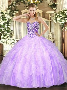 High End Floor Length Lavender 15th Birthday Dress Tulle Sleeveless Beading and Ruffles
