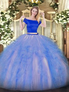 Custom Fit Off The Shoulder Short Sleeves Sweet 16 Quinceanera Dress Floor Length Appliques and Ruffles Blue And White Tulle