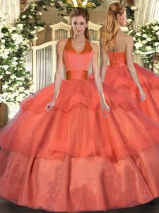 Sumptuous Orange Red Lace Up Quinceanera Gowns Ruffled Layers Sleeveless Floor Length