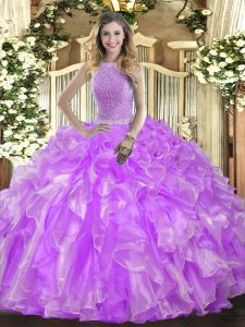 Sexy Floor Length Lavender Quinceanera Dress Organza Sleeveless Beading and Ruffles