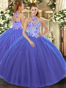 Comfortable Sleeveless Floor Length Embroidery Lace Up Quinceanera Gown with Blue