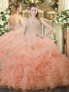 Peach Sweetheart Lace Up Beading and Ruffles and Pick Ups 15 Quinceanera Dress Sleeveless