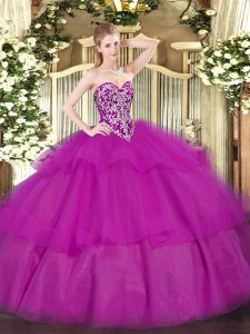Modest Sleeveless Floor Length Beading and Ruffled Layers Lace Up Quinceanera Gowns with Fuchsia