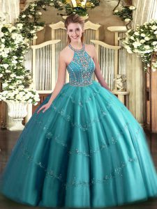 Designer Halter Top Sleeveless Lace Up Sweet 16 Dresses Teal Tulle