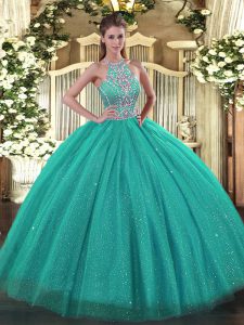 Turquoise Ball Gowns Beading Quinceanera Dresses Lace Up Tulle Sleeveless Floor Length