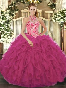 Glittering Floor Length Hot Pink Sweet 16 Quinceanera Dress Organza Sleeveless Beading and Embroidery and Ruffles
