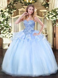 Floor Length Lace Up Quinceanera Dress Light Blue for Sweet 16 and Quinceanera with Appliques