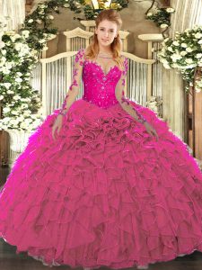 Fuchsia Ball Gowns Lace and Ruffles Quinceanera Gowns Lace Up Organza Long Sleeves Floor Length