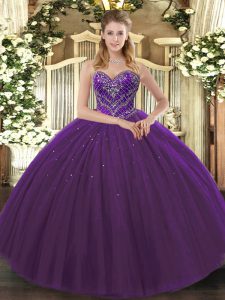 High End Dark Purple Sleeveless Floor Length Beading Lace Up Vestidos de Quinceanera