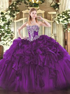 Customized Dark Purple Strapless Lace Up Beading and Ruffles 15th Birthday Dress Sleeveless