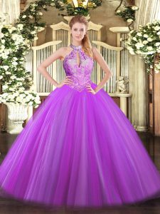 Purple Ball Gowns Halter Top Sleeveless Tulle Floor Length Lace Up Sequins Quinceanera Dress