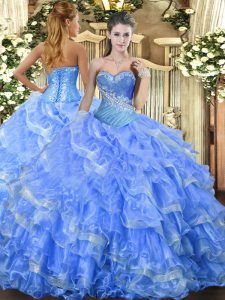 Baby Blue Sleeveless Floor Length Beading and Ruffled Layers Lace Up Quinceanera Gown