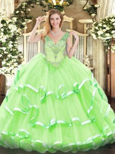 Fine Sleeveless Floor Length Beading and Ruffled Layers Lace Up Vestidos de Quinceanera with