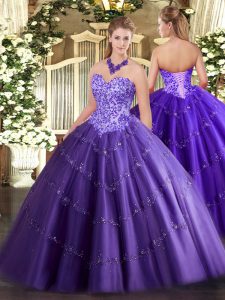 Custom Made Purple Tulle Lace Up Sweetheart Sleeveless Floor Length Sweet 16 Dress Appliques
