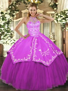 Excellent Sleeveless Satin and Tulle Floor Length Lace Up Sweet 16 Dress in Fuchsia with Beading and Embroidery