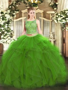 Great Green Tulle Lace Up Scoop Sleeveless Floor Length Sweet 16 Dress Beading and Ruffles