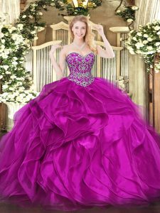 Top Selling Fuchsia Lace Up Sweetheart Beading and Ruffles Sweet 16 Dresses Organza Sleeveless