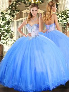 Baby Blue Lace Up Sweetheart Beading Quinceanera Gowns Tulle Sleeveless