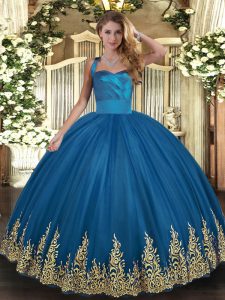 Blue Halter Top Neckline Appliques Quince Ball Gowns Sleeveless Lace Up