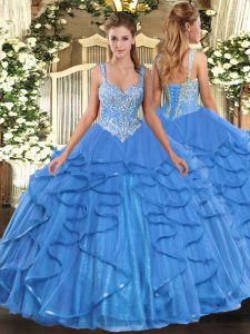 Luxury Baby Blue Sleeveless Beading and Ruffles Floor Length Quinceanera Gowns