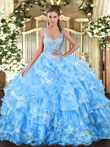 Baby Blue Lace Up Quinceanera Dress Beading and Ruffled Layers Sleeveless Floor Length