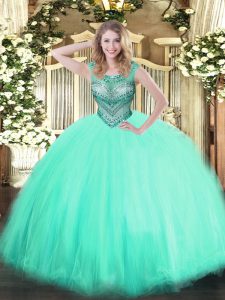 Apple Green Ball Gowns Tulle Scoop Sleeveless Beading Floor Length Lace Up Ball Gown Prom Dress