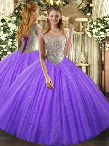 Unique Sleeveless Tulle Floor Length Lace Up Quinceanera Gowns in Lavender with Beading