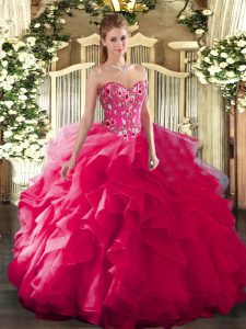 Sweetheart Sleeveless 15 Quinceanera Dress Floor Length Embroidery Hot Pink Organza and Printed