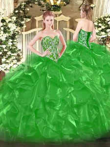 Vintage Sleeveless Floor Length Beading and Ruffles Lace Up Sweet 16 Dresses with Green