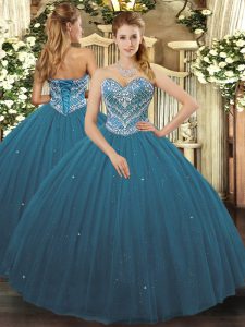 Graceful Sleeveless Floor Length Beading Lace Up Quinceanera Gowns with Teal